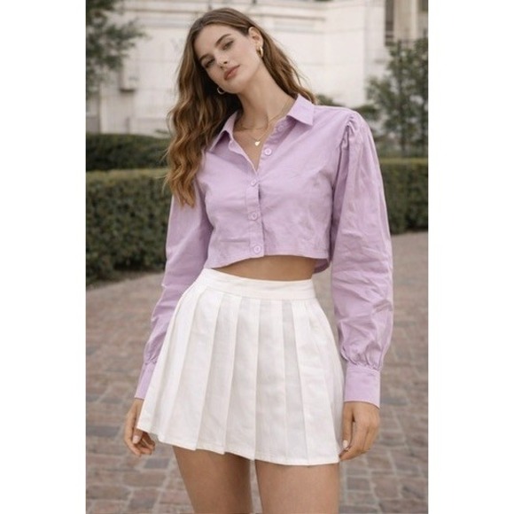 Zara Tops - Zara Womens Lavender Purple Cropped Button Down Puff Sleeve Shirt Large 7563/268